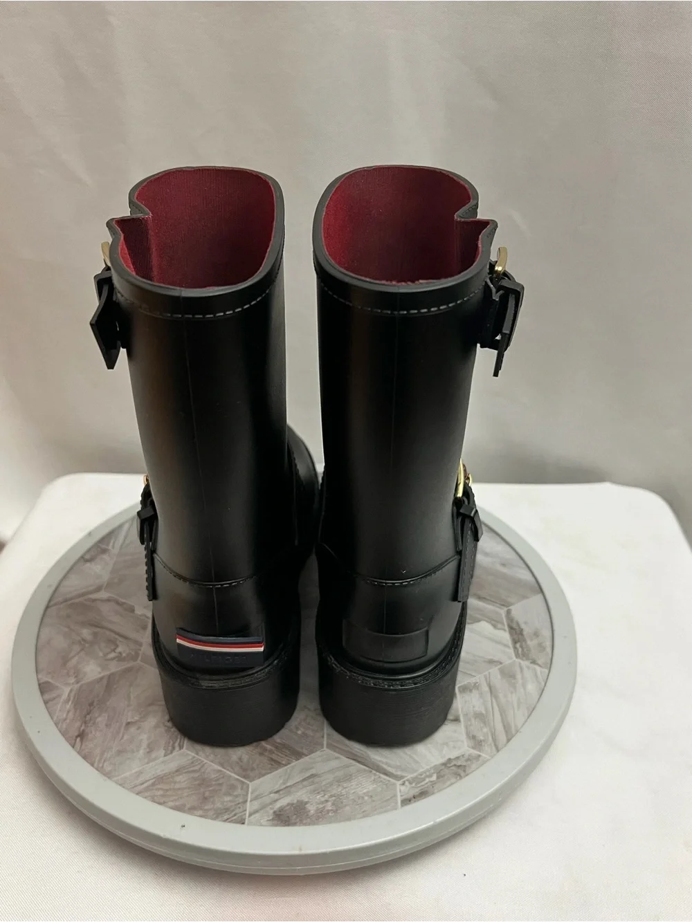 Tommy Hilfiger Women’s Black Buckle Rain Boots Moto Lug Sole Size 6M